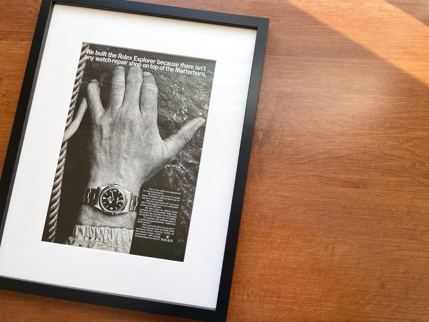 1966 Rolex Explorer "Top of the Matterhorn" Advertisement in Black Wood Frame