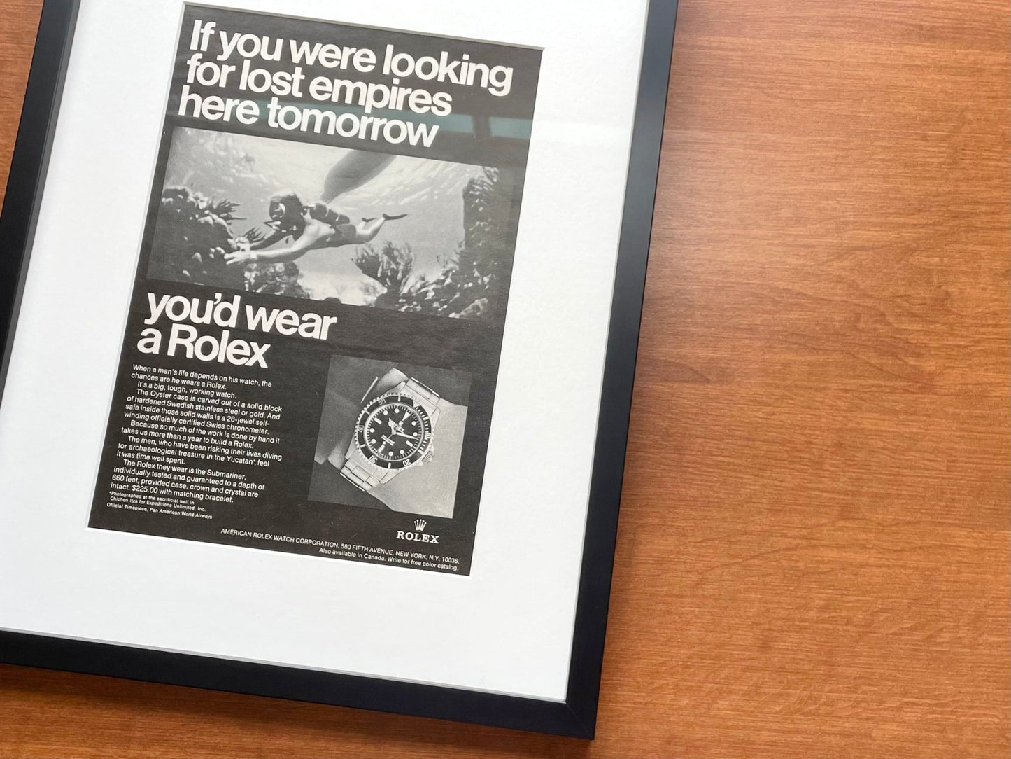1968 Rolex Submariner "If you were looking for lost empires..." Advertisement in Black Wood Frame