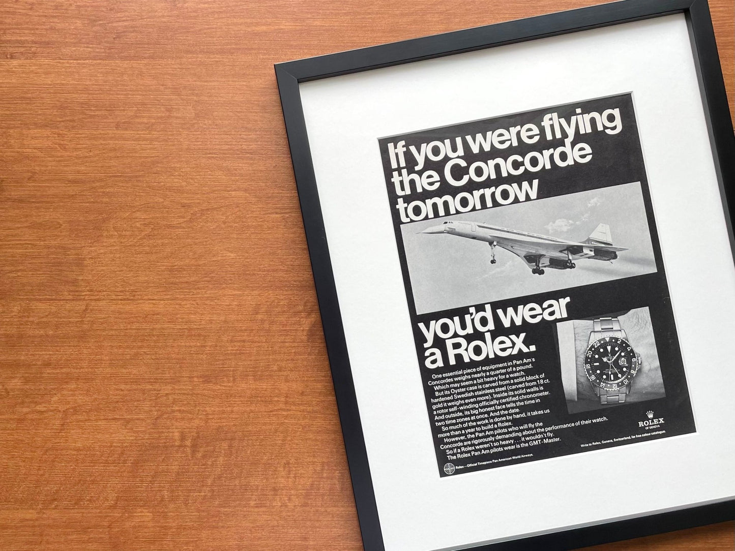 1969 Rolex GMT Master Ref. 1675 "If you were flying the Concorde..." Advertisement in Black Wood Frame