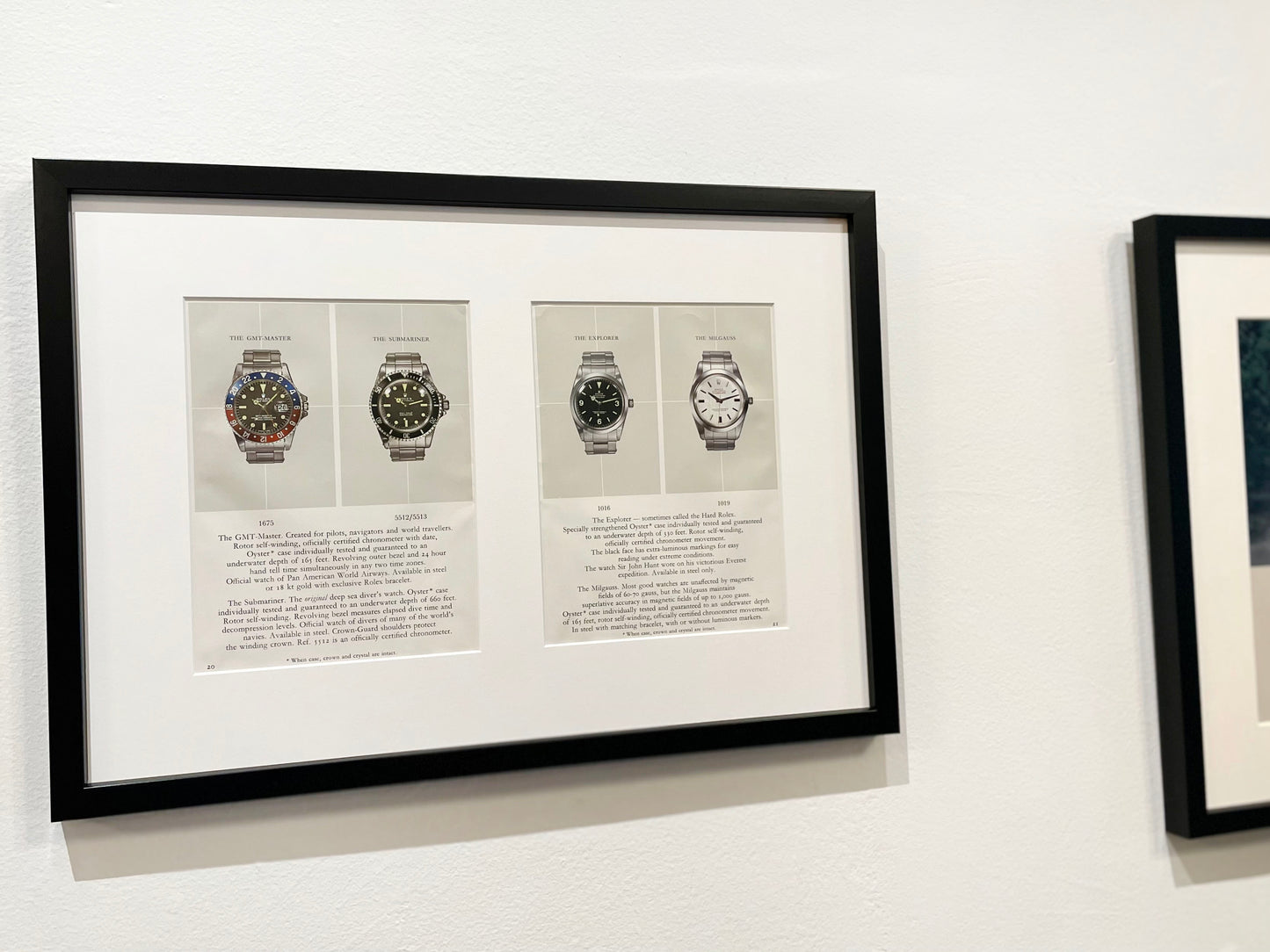 1970s Original Rolex Catalog Pages feat. Submariner, GMT Master, Explorer, and Milgauss in Black Wood Frame
