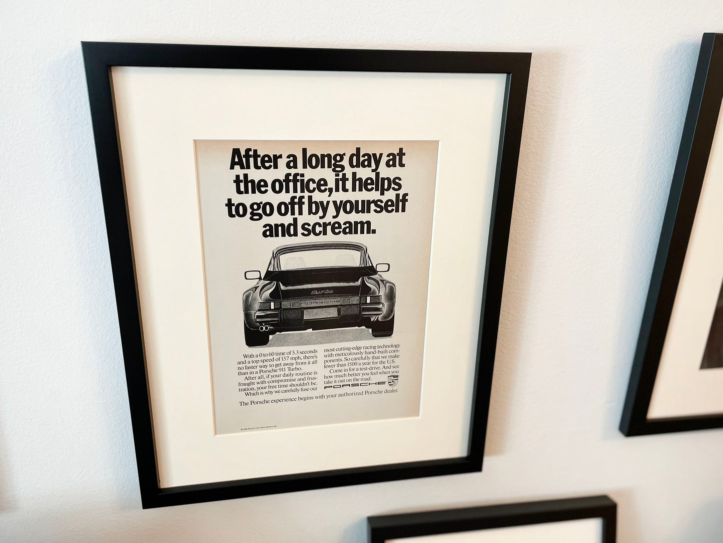 1989 Porsche 911 Turbo "long day at the office... scream." Advertisement in Black Wood Frame