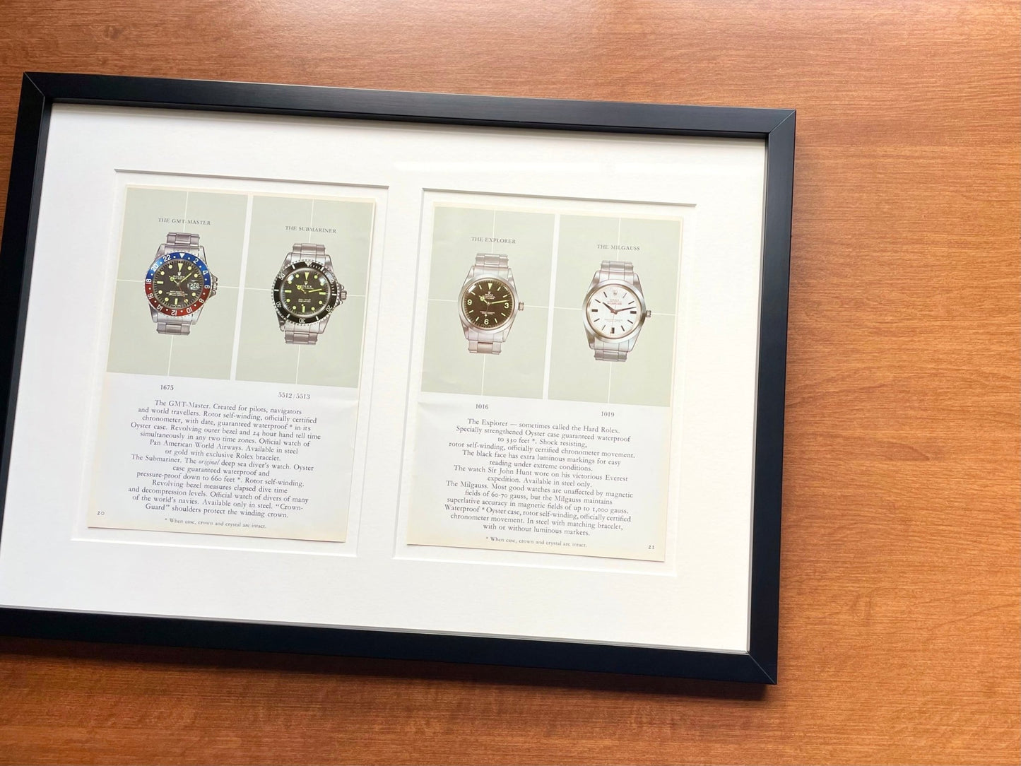 Original Rolex Catalog Pages with GMT, Submariner, Explorer, and Milgauss in Black Wood Frame