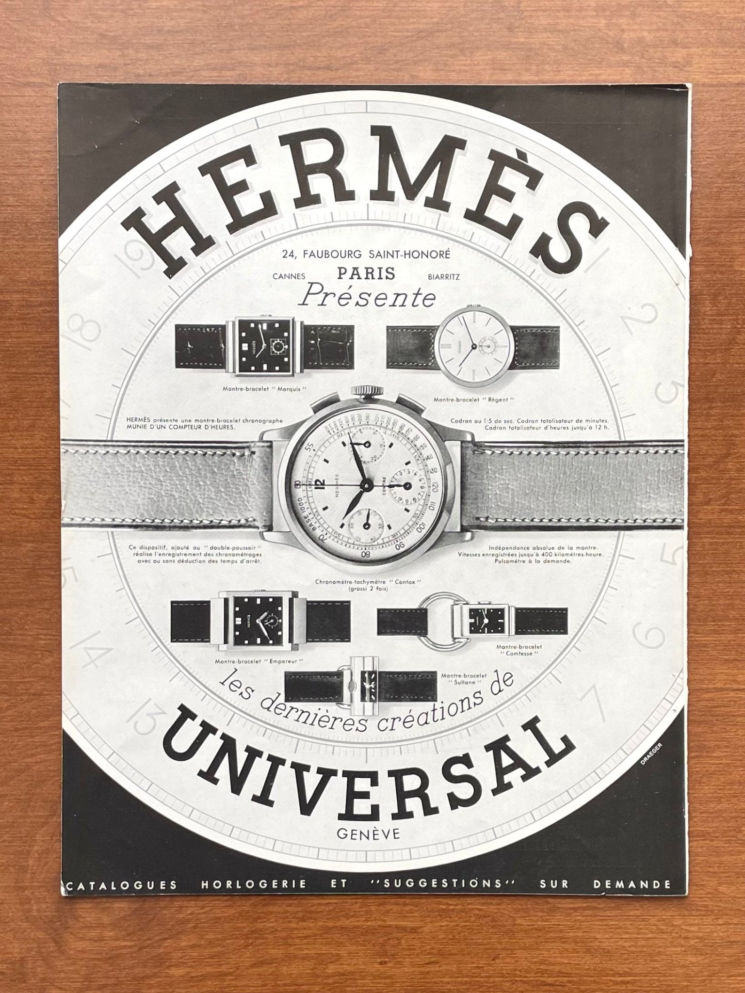 1938 Universal Geneve watches signed Hermes Advertisement | Ad Patina