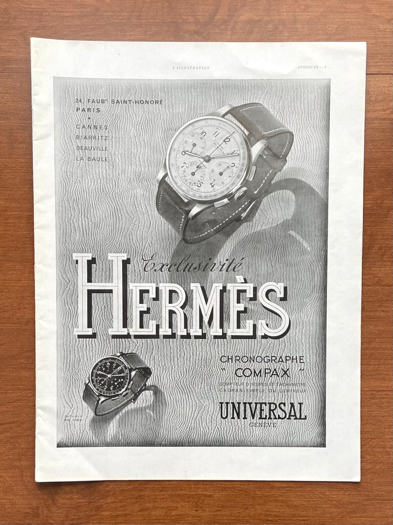 1940 Universal Geneve Compax double-signed Hermes Advertisement