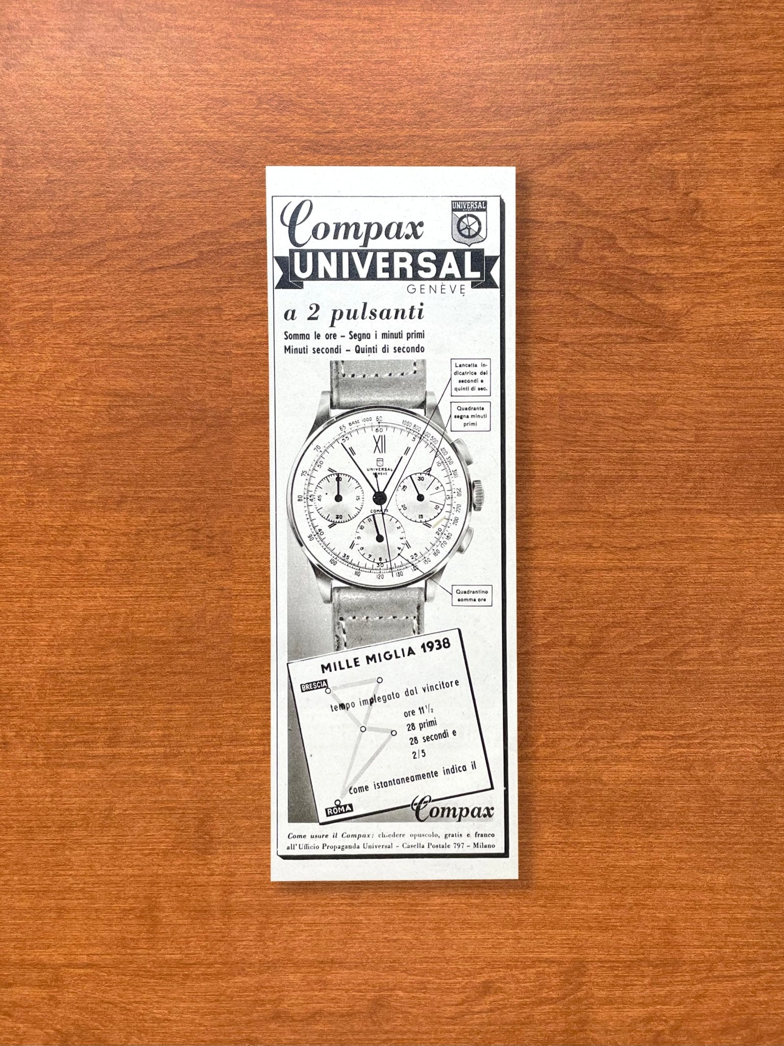 1940 Universal Geneve Compax feat. Mille Miglia Advertisement in Italian