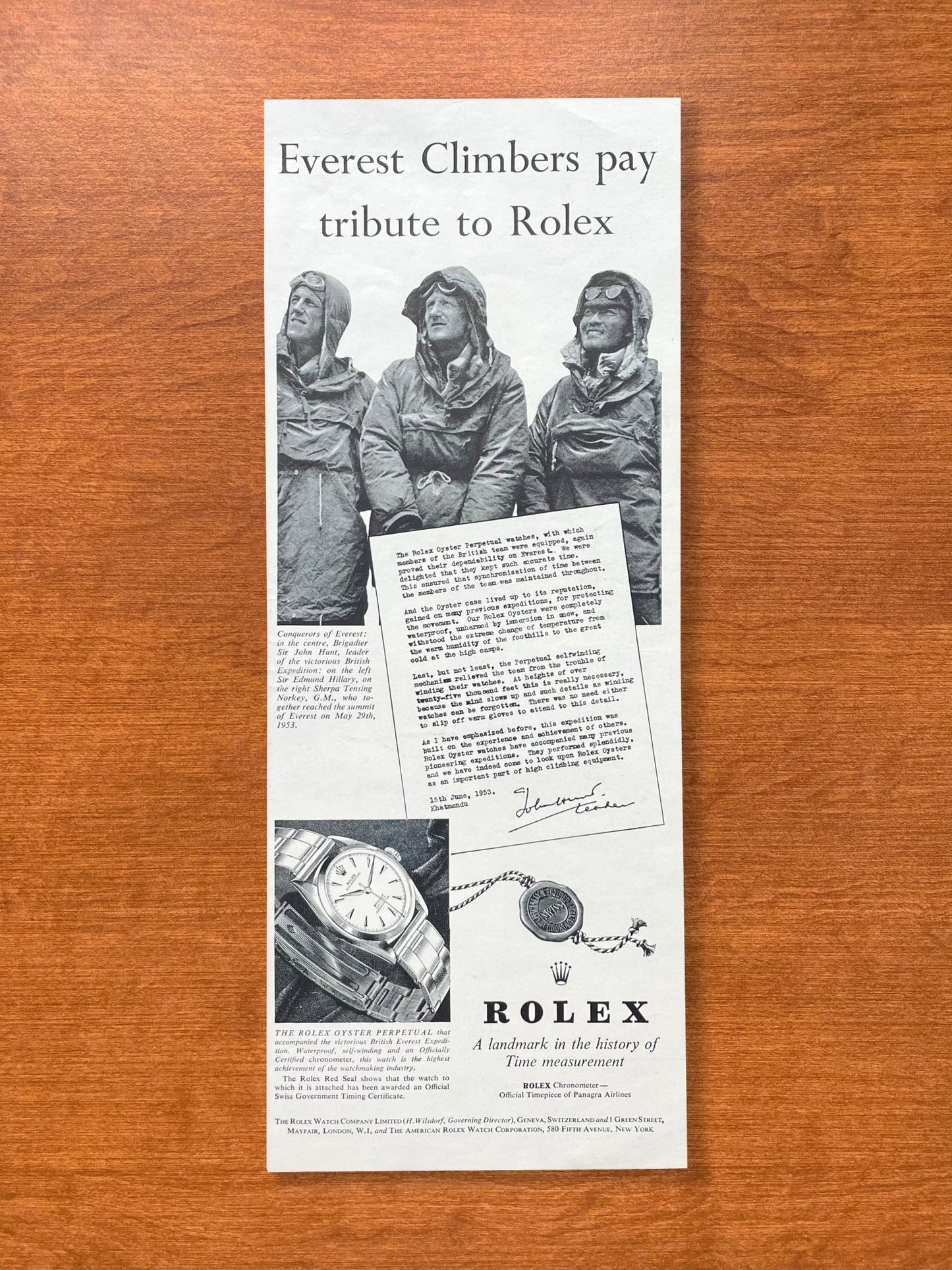 1954 Rolex Oyster Perpetual "Everest Climbers" Advertisement