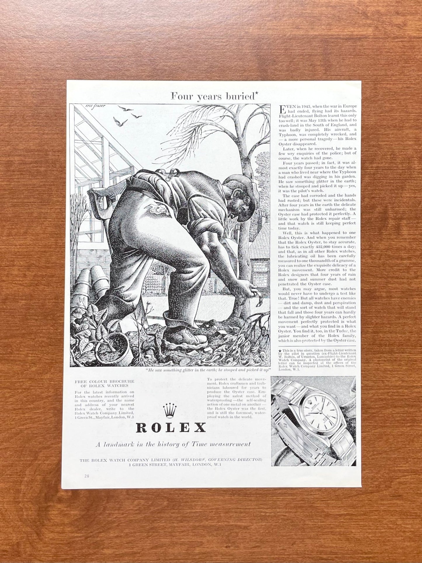 1954 Rolex Oyster Perpetual "Four years buried" Eric Fraser Art Advertisement