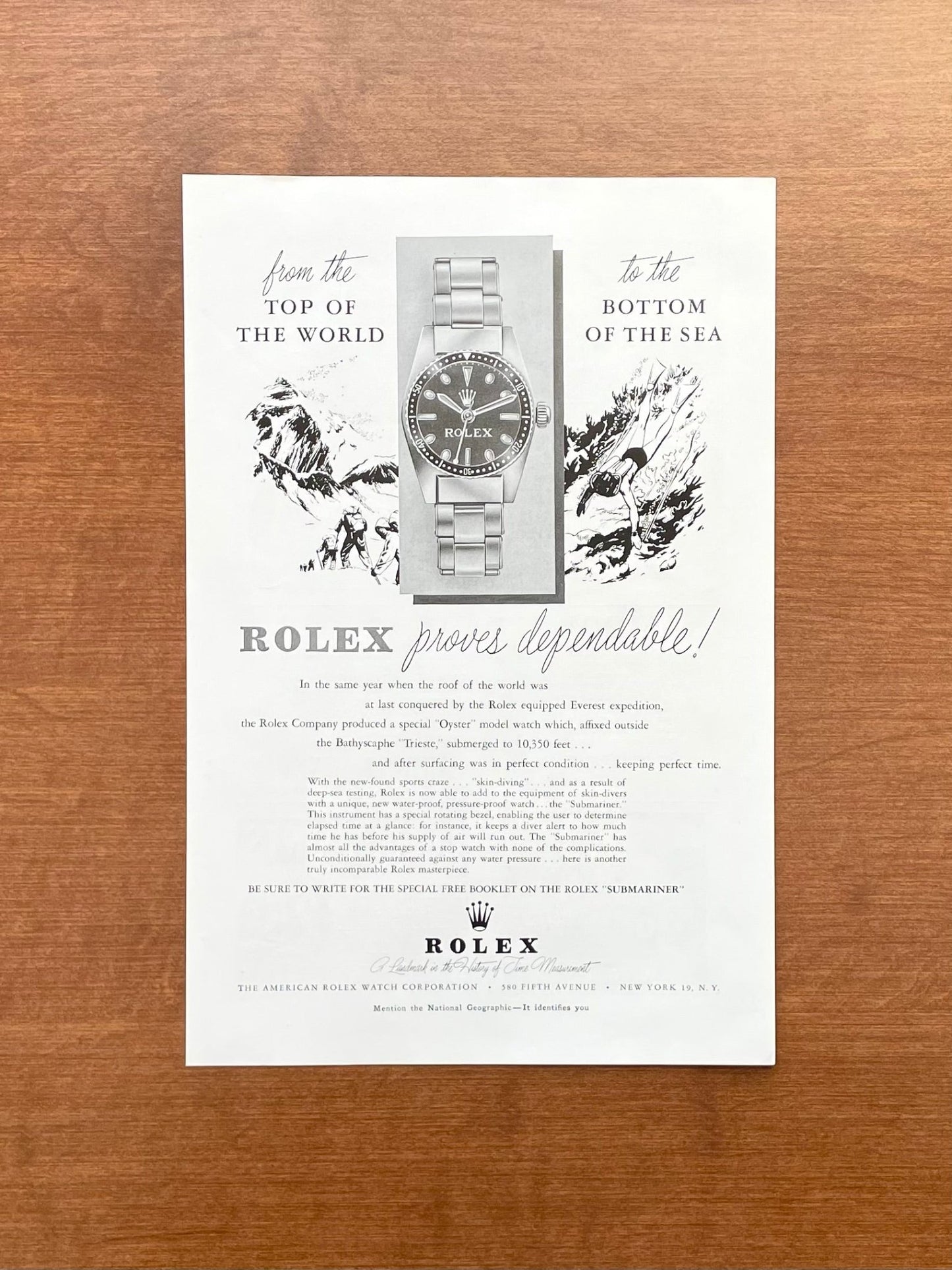 1954 Rolex Submariner "Top of the World... Bottom of the Sea" Advertisement
