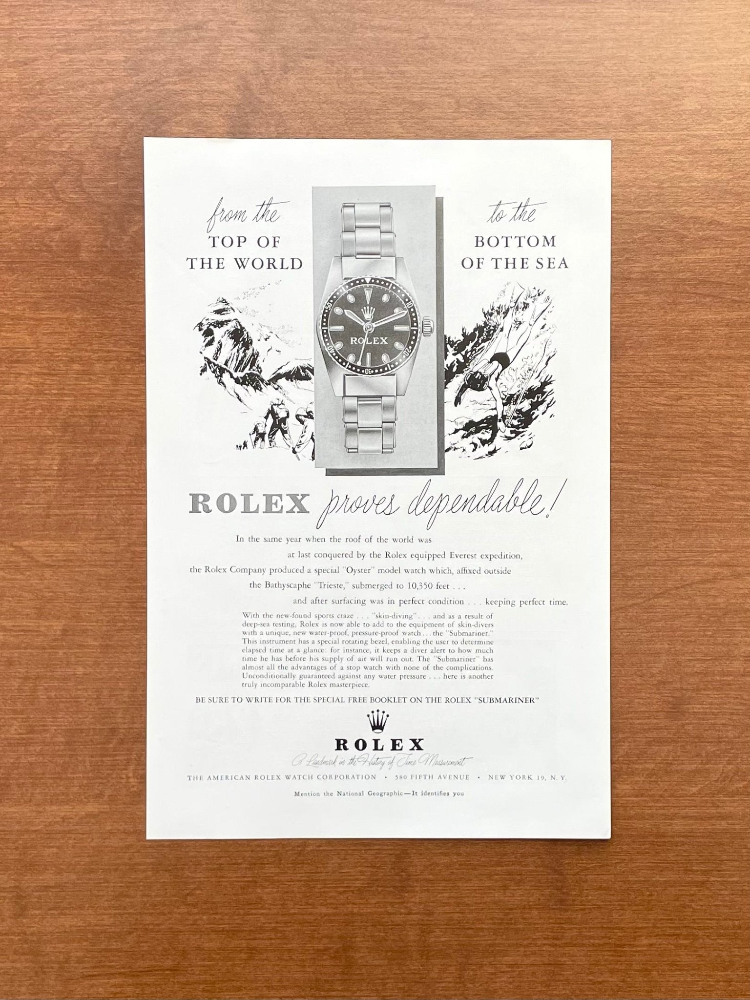 1954 Rolex Submariner "Top of the World... Bottom of the Sea" Advertisement