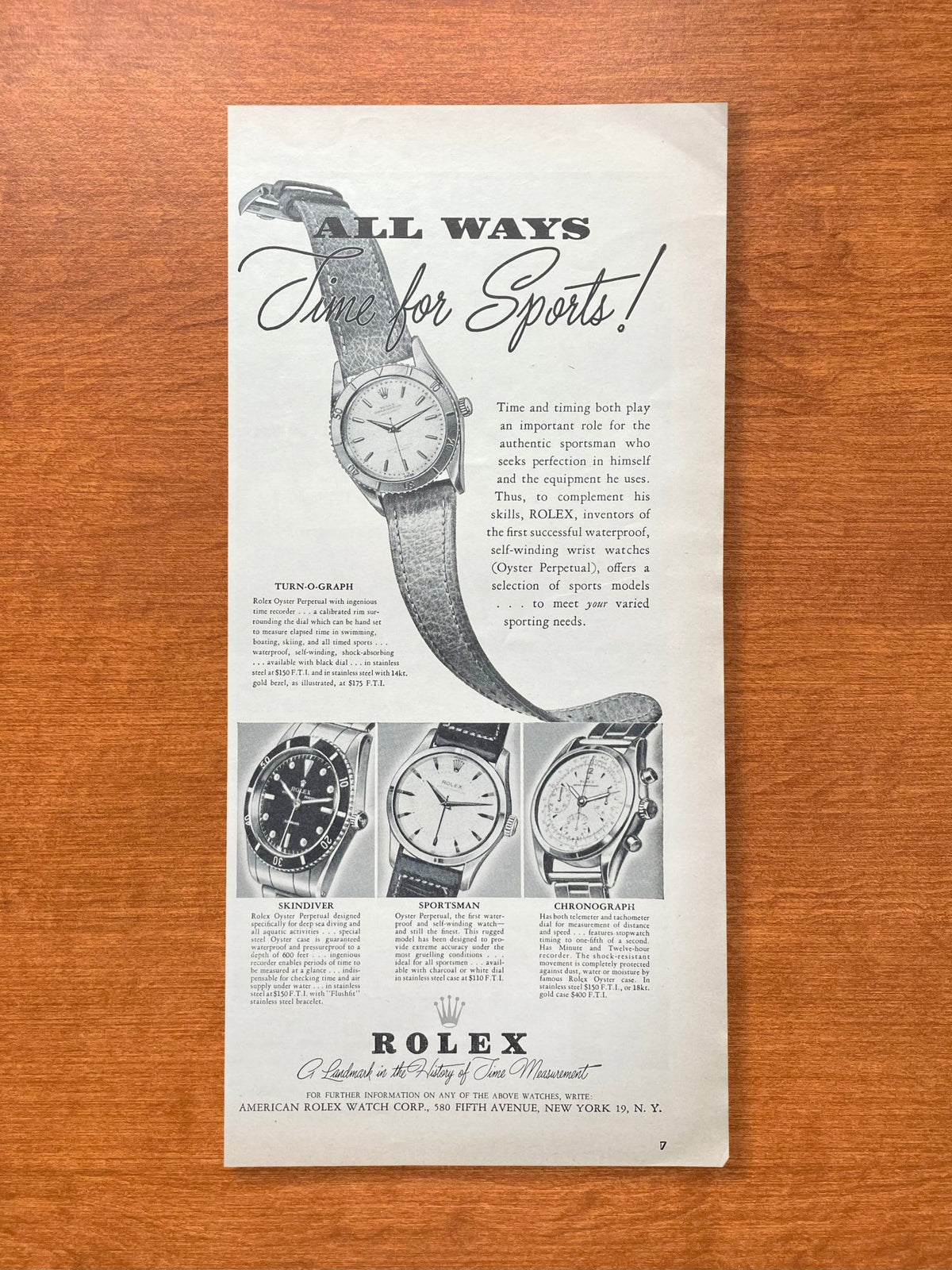 1955 Rolex "All Ways Time for Sports" Skindiver Sportsman Chronograph Advertisement