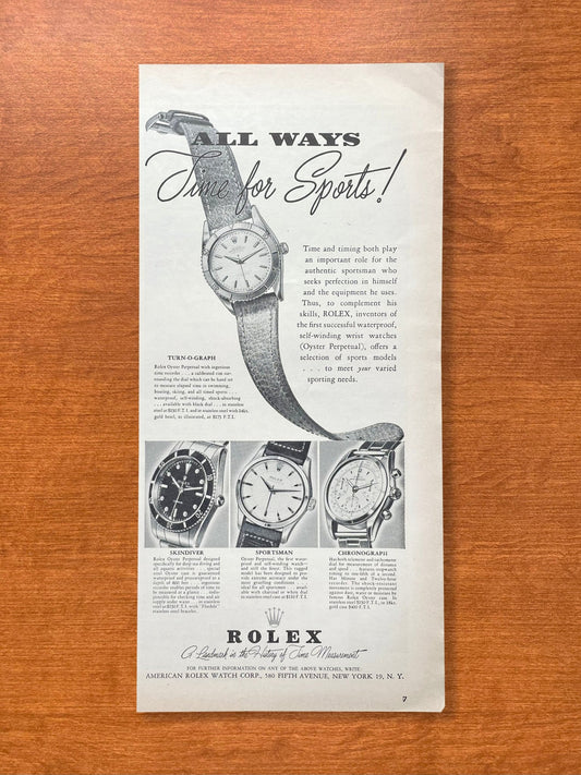 1955 Rolex "All Ways Time for Sports" Skindiver Sportsman Chronograph Advertisement