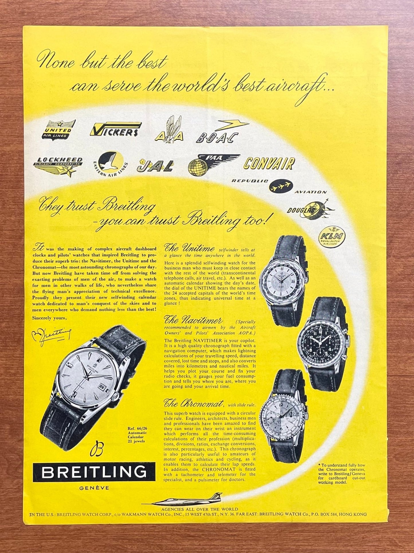 1957 Breitling with Airline Logos feat. Navitimer and Chronomat Advertisement