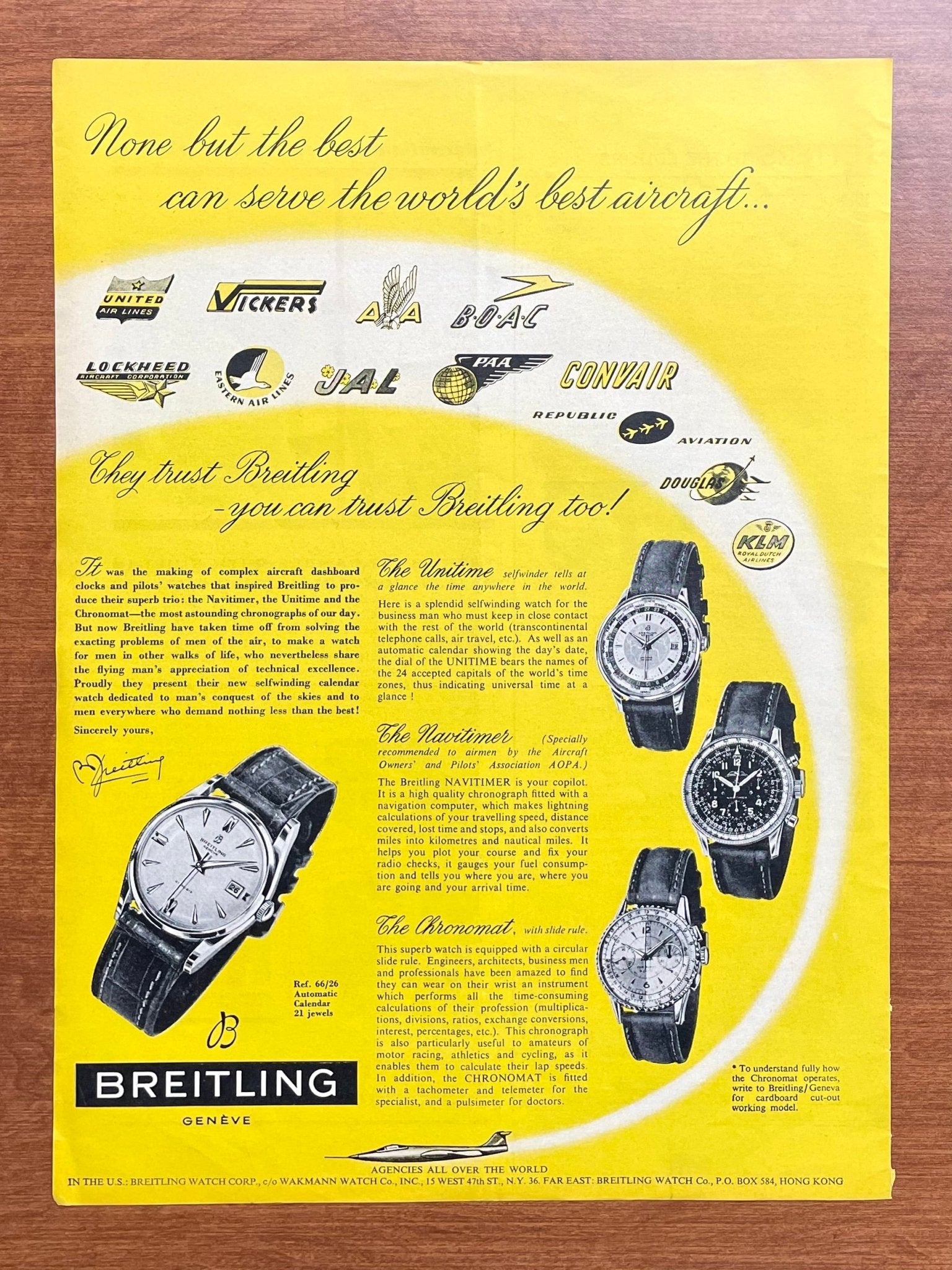 1957 Breitling with Airline Logos feat. Navitimer and Chronomat Advertisement