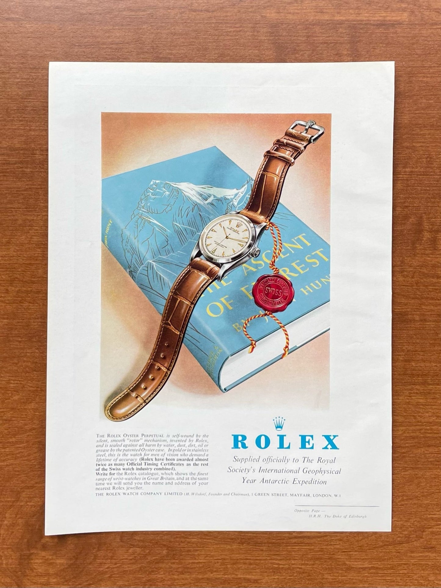 1957 Rolex Oyster Perpetual Ref 6564 feat. "Ascent of Everest" book Advertisement