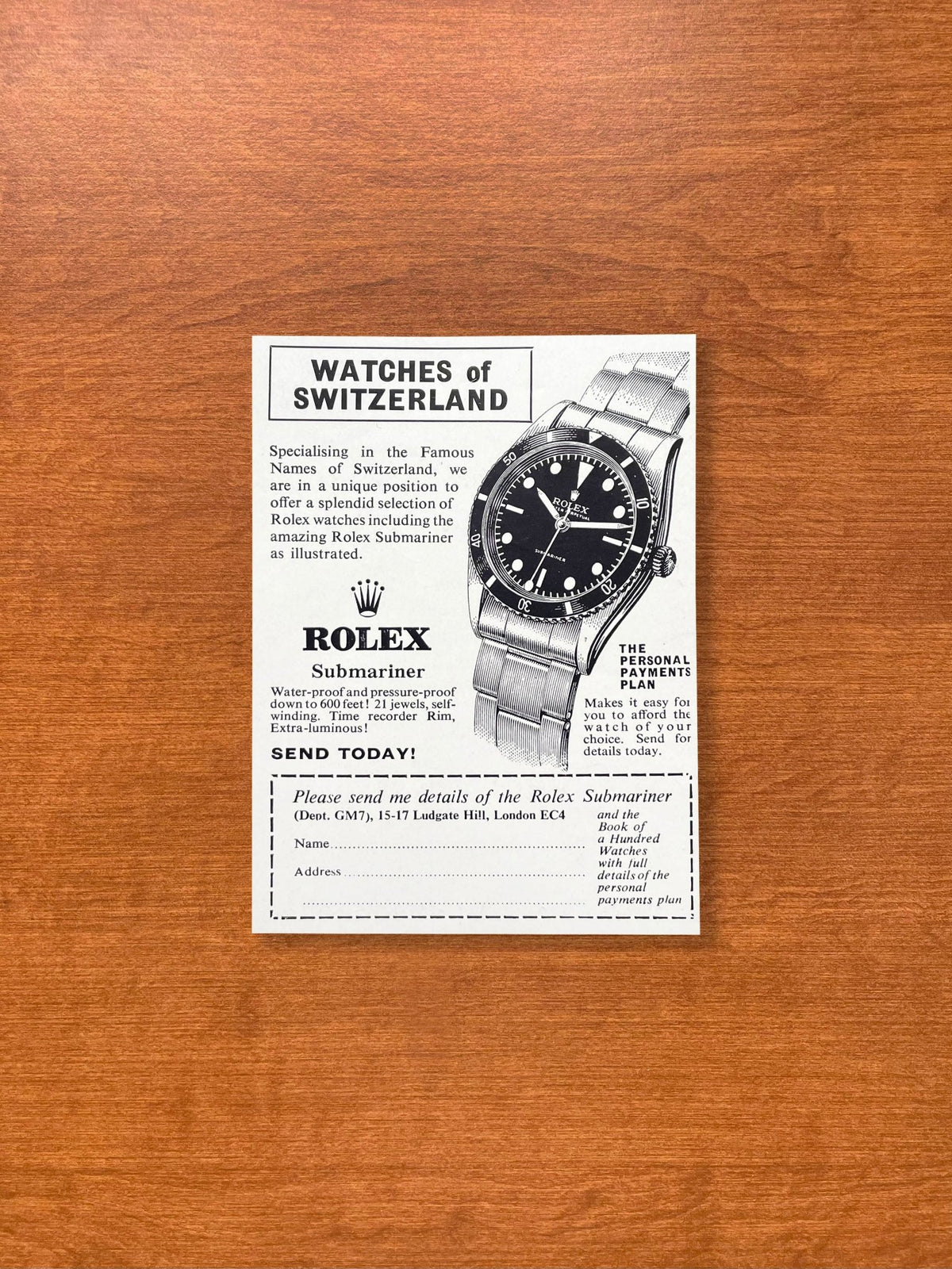 1957 Rolex Submariner Ref. 6204 Watches of Switzerland Advertisement