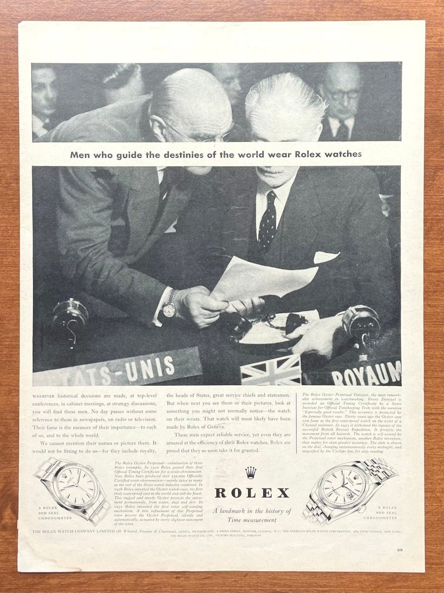 1958 Rolex Datejust "Men who guide the destinies of the world..." Advertisement