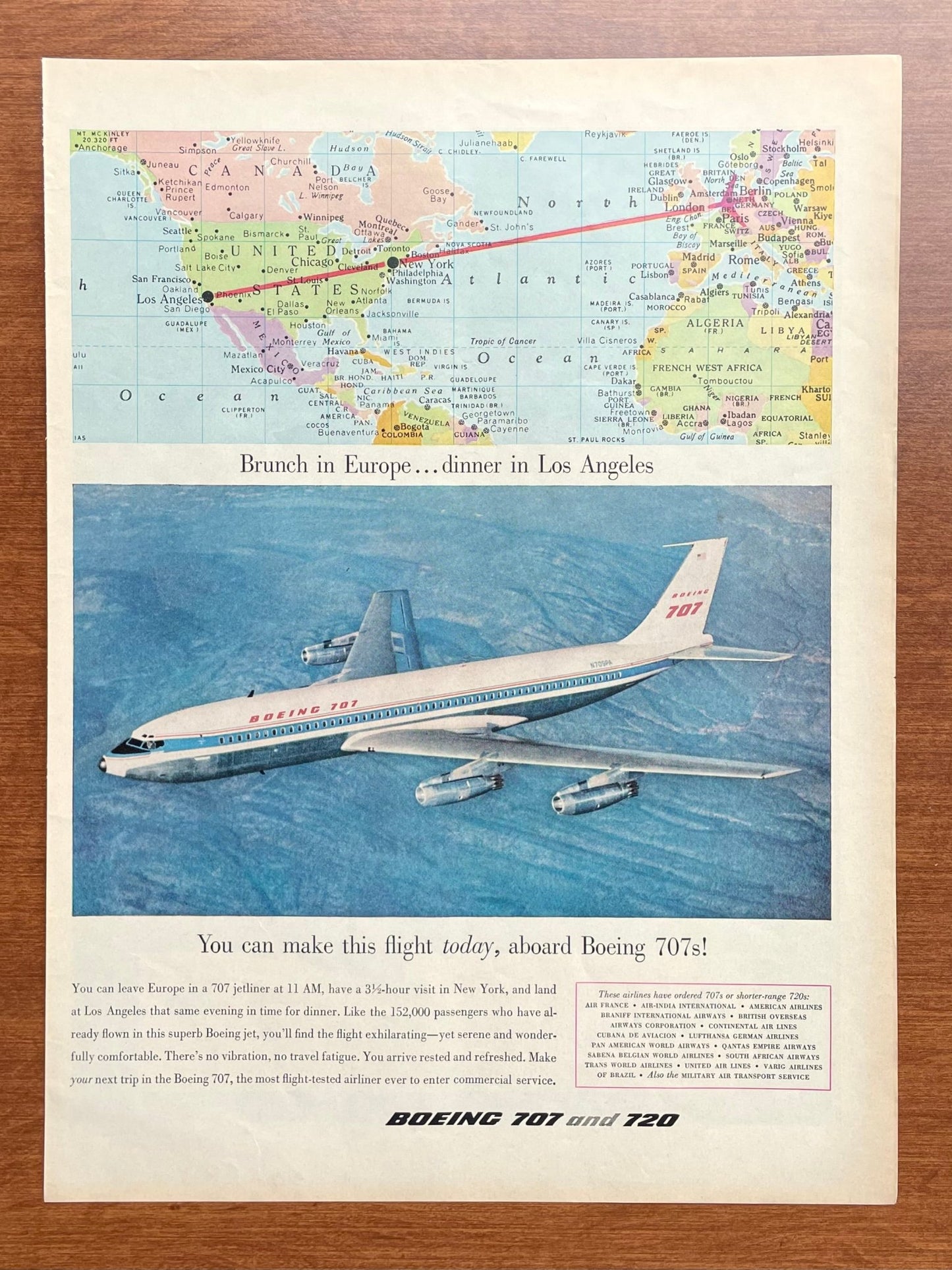 1959 Boeing 707 "Brunch in Europe...dinner in Los Angeles" Advertisement