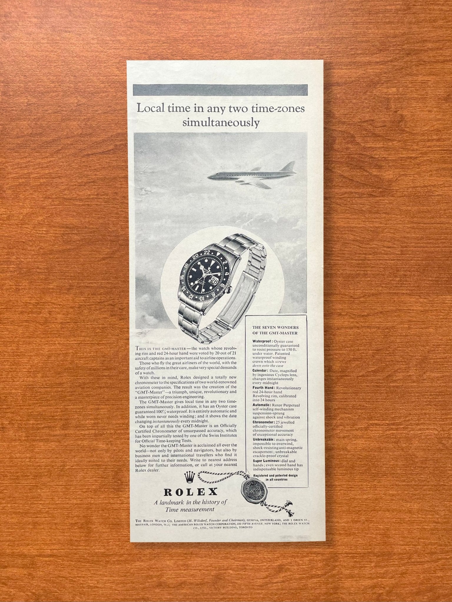 1959 Rolex GMT Master Ref. 6542 "The Seven Wonders" Advertisement