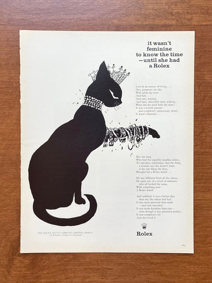1959 Rolex "it wasn't feminine to know the time..." feat. cat w/ crown and jewelry Advertisement