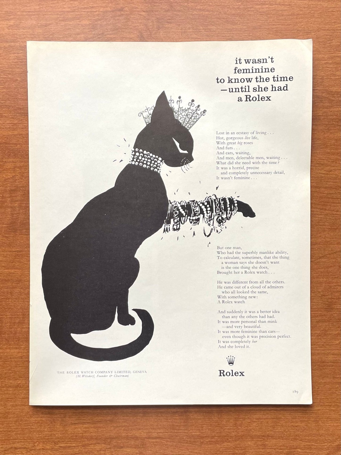 1959 Rolex "it wasn't feminine to know the time..." feat. cat w/ crown and jewelry Advertisement