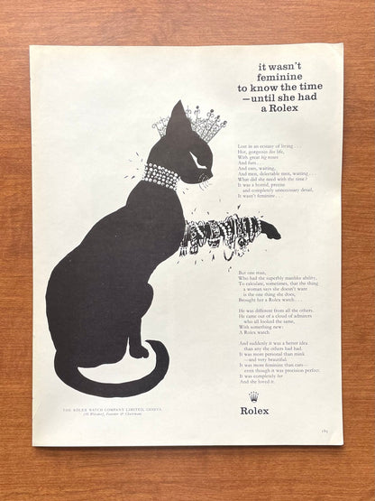 1959 Rolex "it wasn't feminine to know the time..." feat. cat w/ crown and jewelry Advertisement