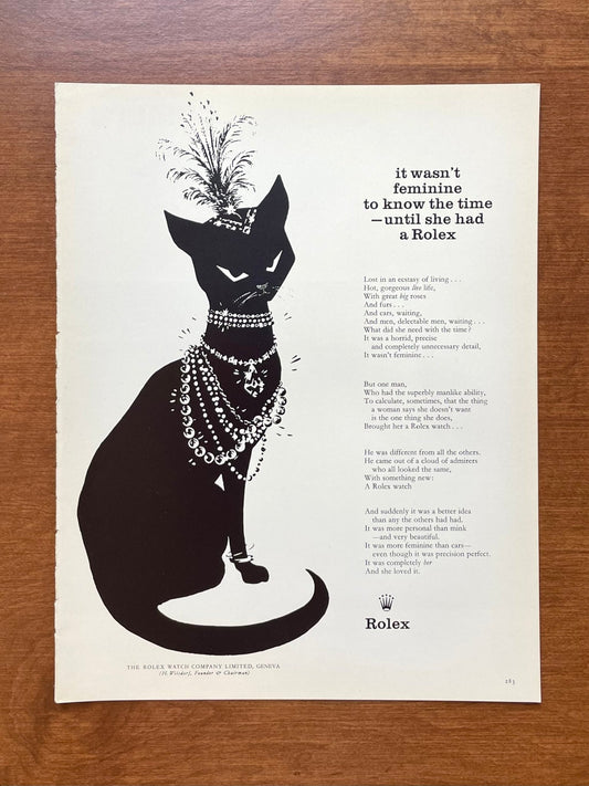 1959 Rolex "it wasn't feminine to know the time..." feat. cat wearing jewelry Advertisement