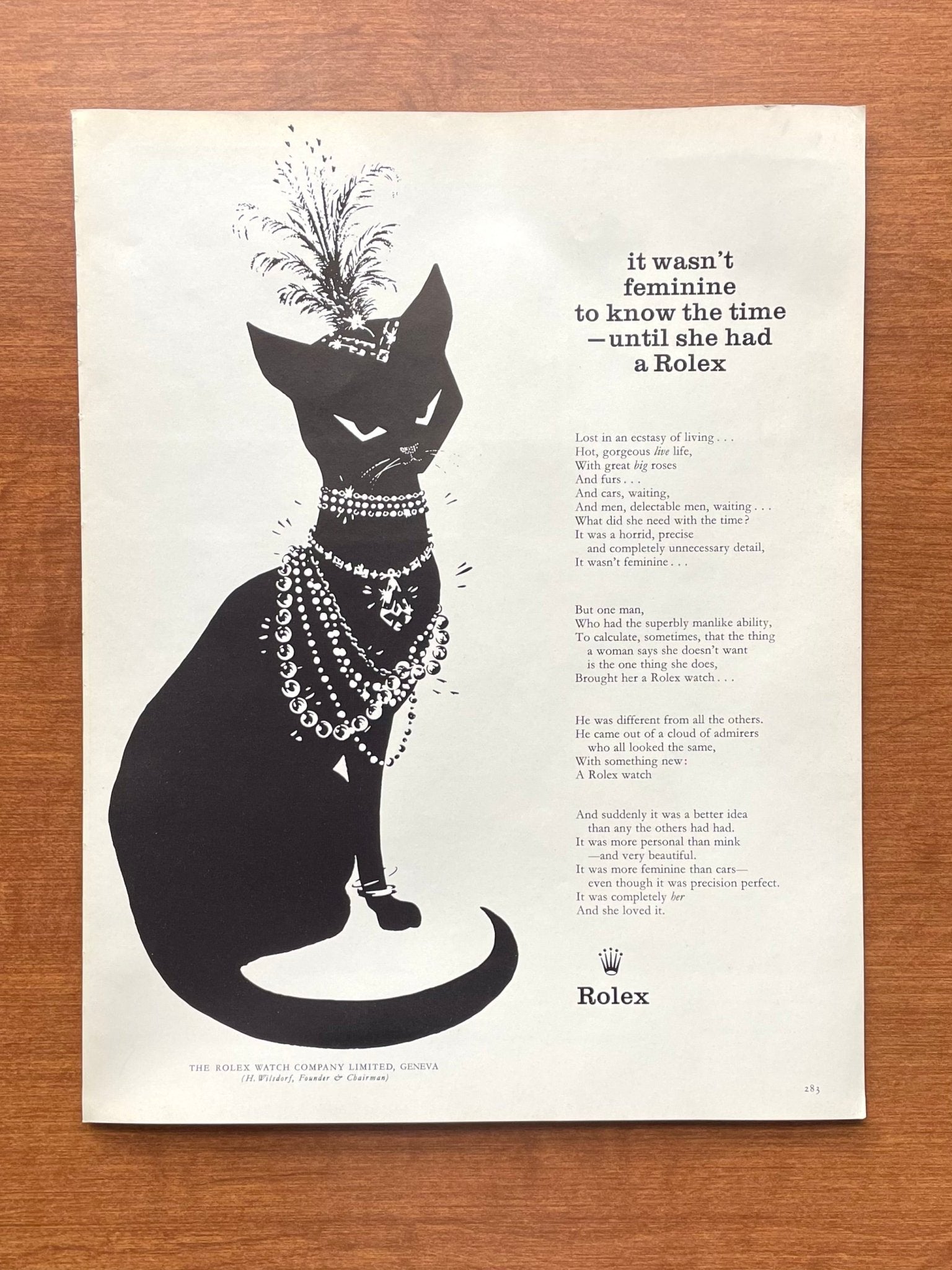 1959 Rolex "it wasn't feminine to know the time..." feat. cat wearing jewelry Advertisement