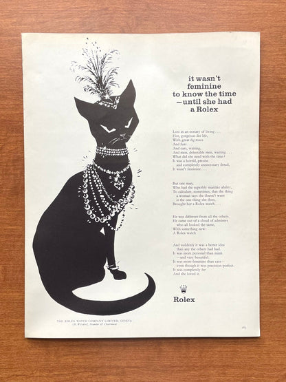 1959 Rolex "it wasn't feminine to know the time..." feat. cat wearing jewelry Advertisement
