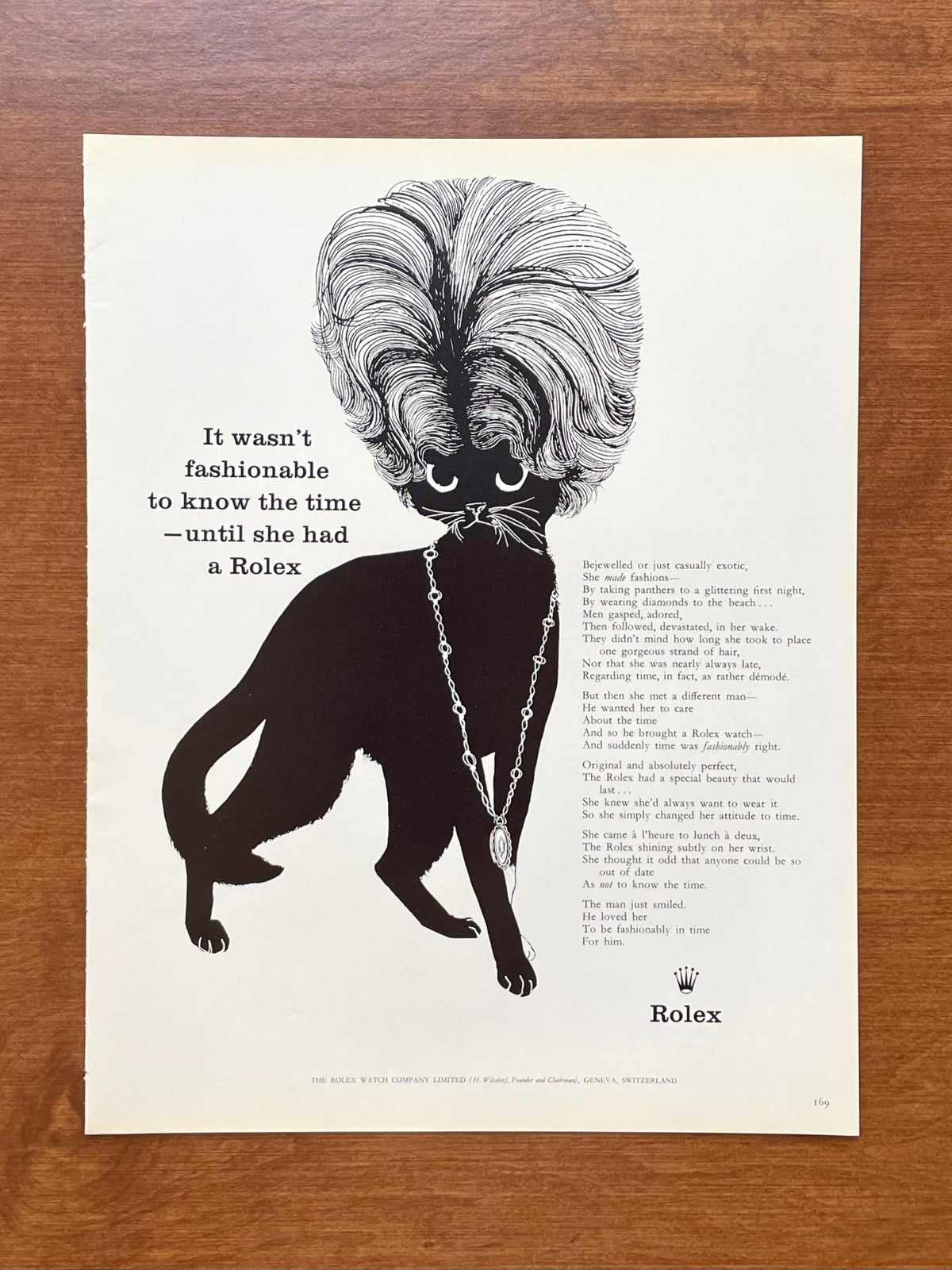 1960 Rolex "it wasn't fashionable to know the time..." feat. cat wearing jewelry Advertisement