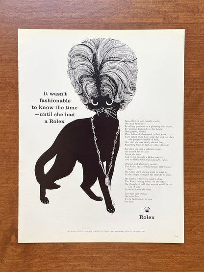 1960 Rolex "it wasn't fashionable to know the time..." feat. cat wearing jewelry Advertisement