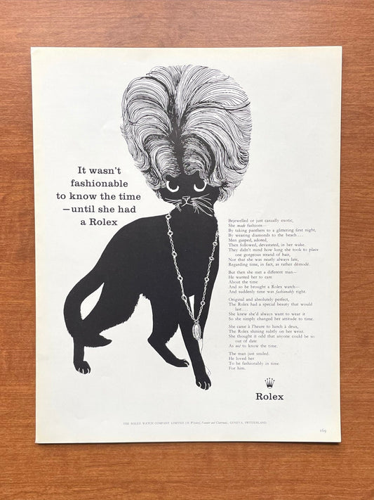 1960 Rolex "it wasn't fashionable to know the time..." feat. cat wearing jewelry Advertisement
