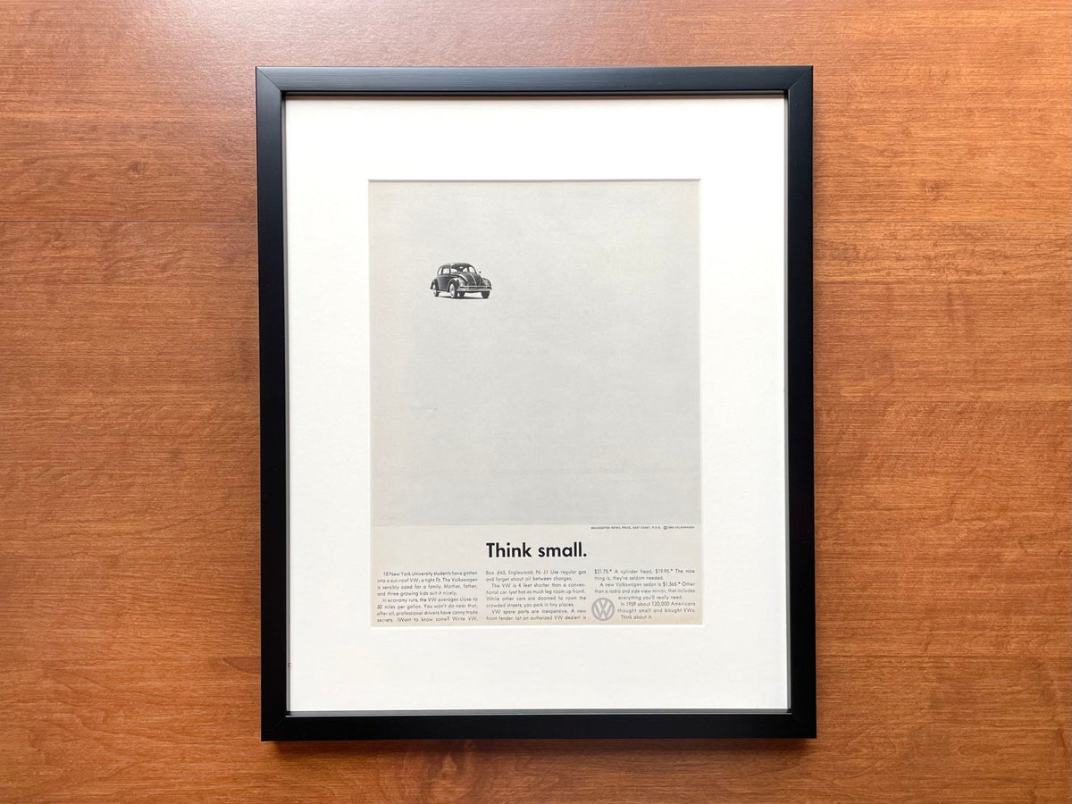 1960 Volkswagen VW Beetle / Bug "Think small." Advertisement in Black Wood Frame