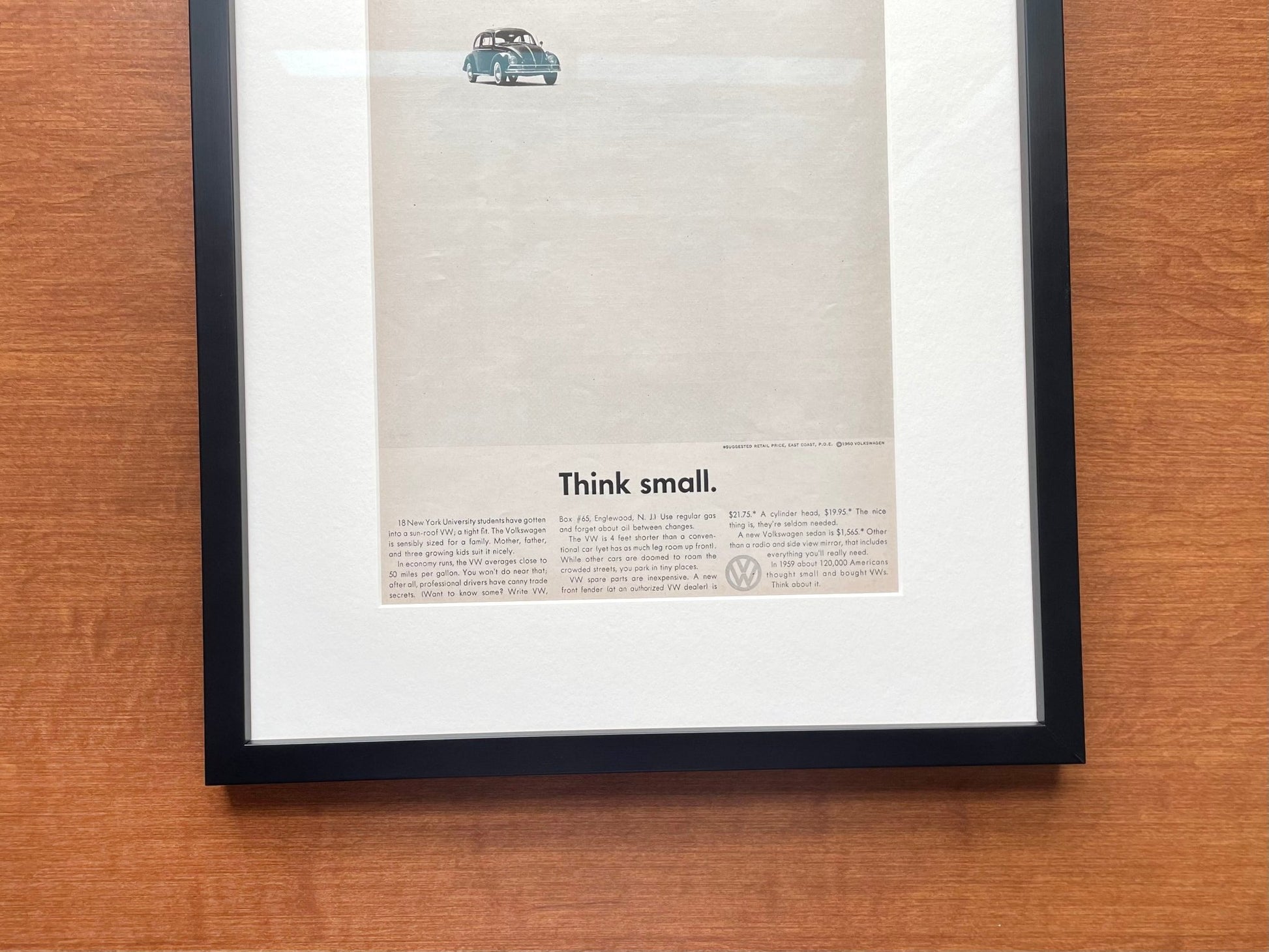 1960 Volkswagen VW Beetle / Bug "Think small." Advertisement in Black Wood Frame