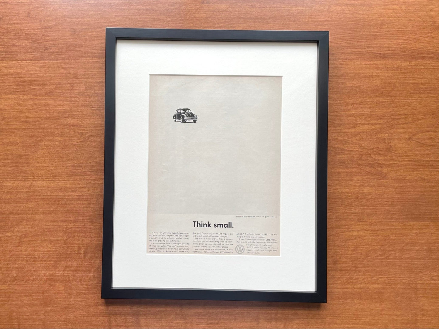 1960 Volkswagen VW Beetle / Bug "Think small." Advertisement in Black Wood Frame