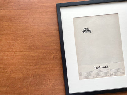 1960 Volkswagen VW Beetle / Bug "Think small." Advertisement in Black Wood Frame