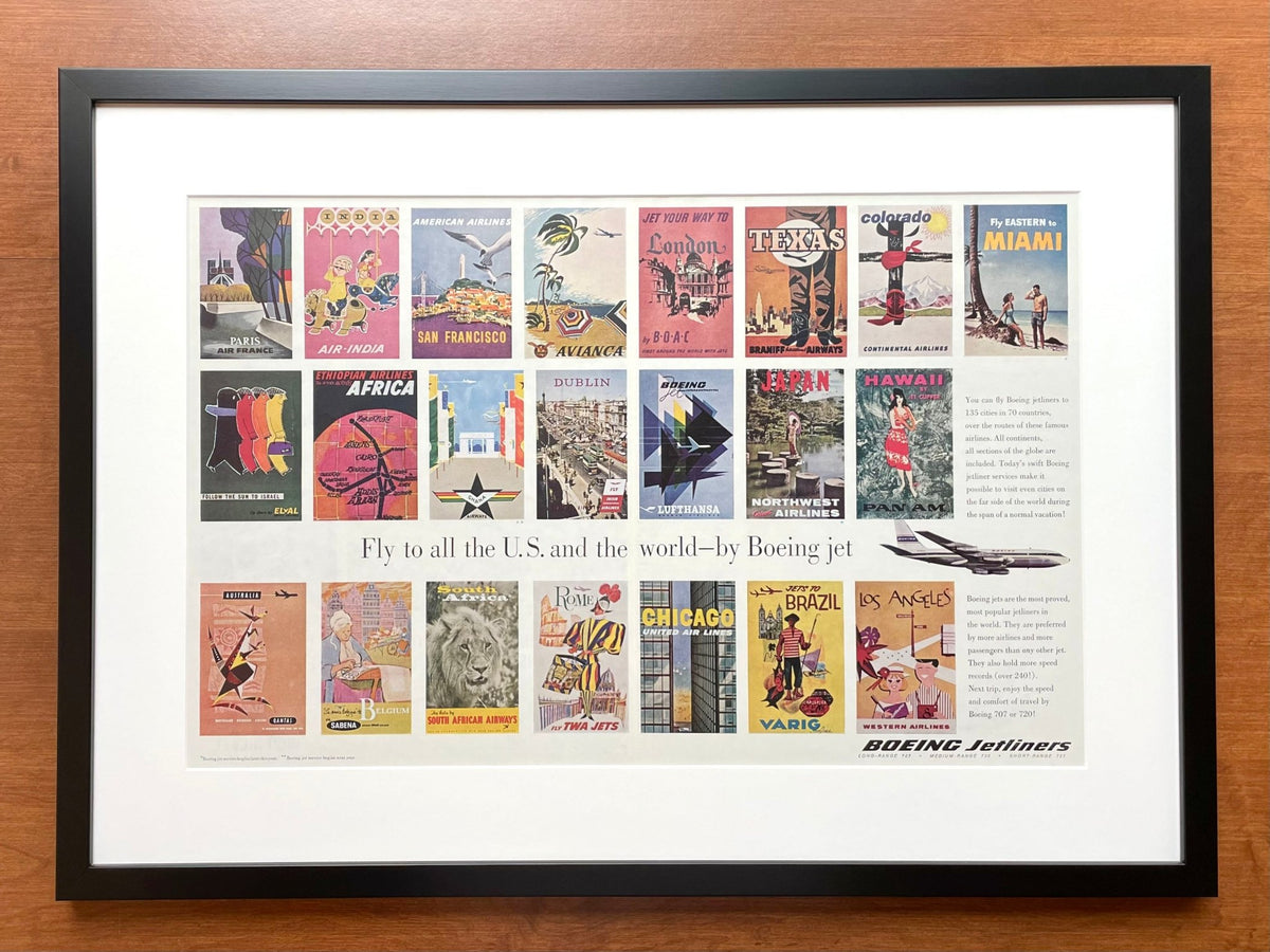 1961 Boeing Jetliners with 22 Vintage Travel Posters Advertisement in Black Wood Frame