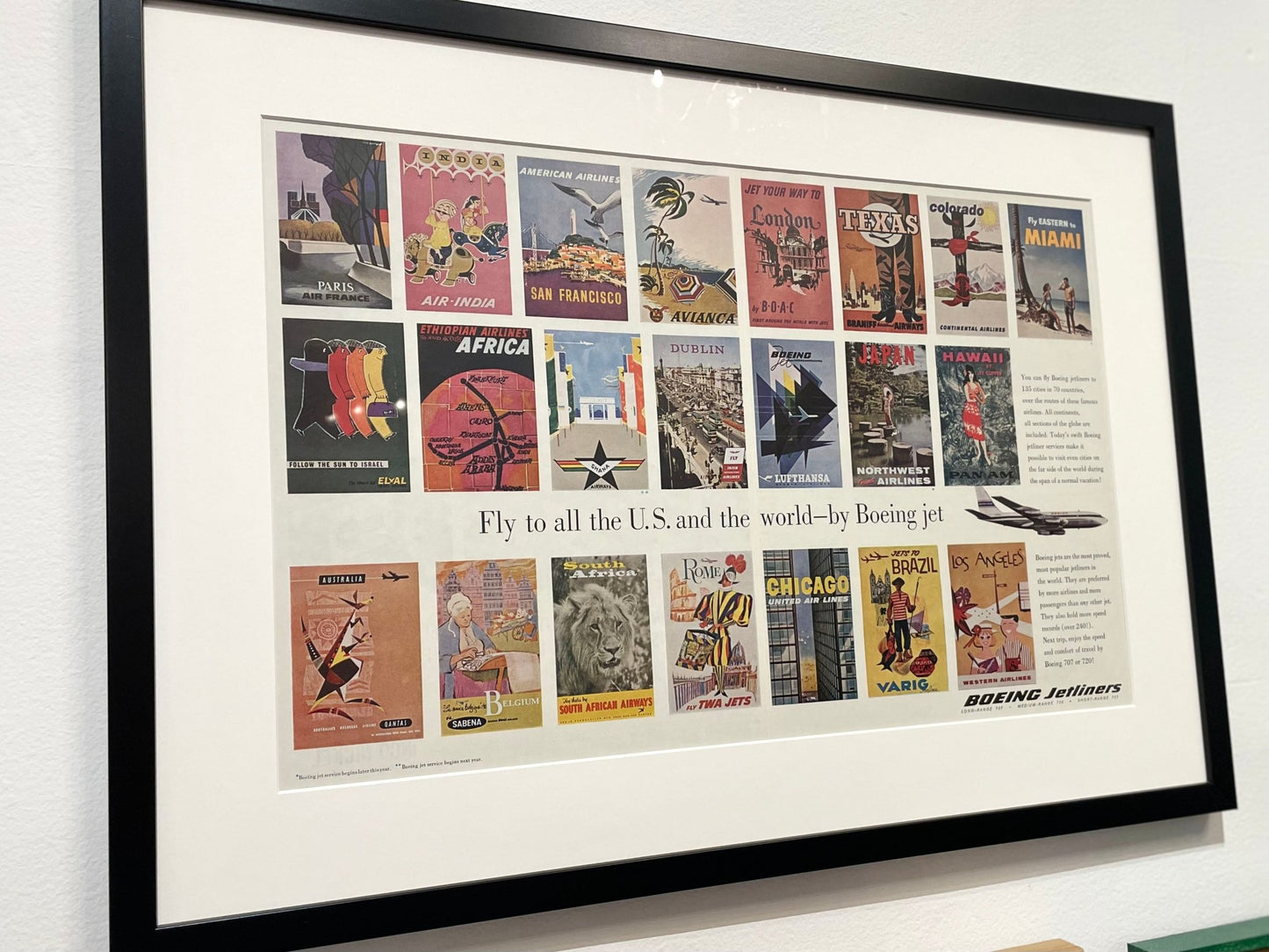 1961 Boeing Jetliners with 22 Vintage Travel Posters Advertisement in Black Wood Frame