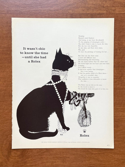 1961 Rolex "it wasn't chic to know the time..." feat. cat wearing jewelry Advertisement