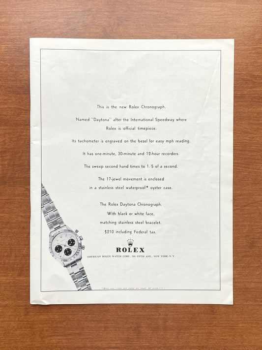 1965 Rolex Daytona Ref. 6239 with "Solo dial" Advertisement