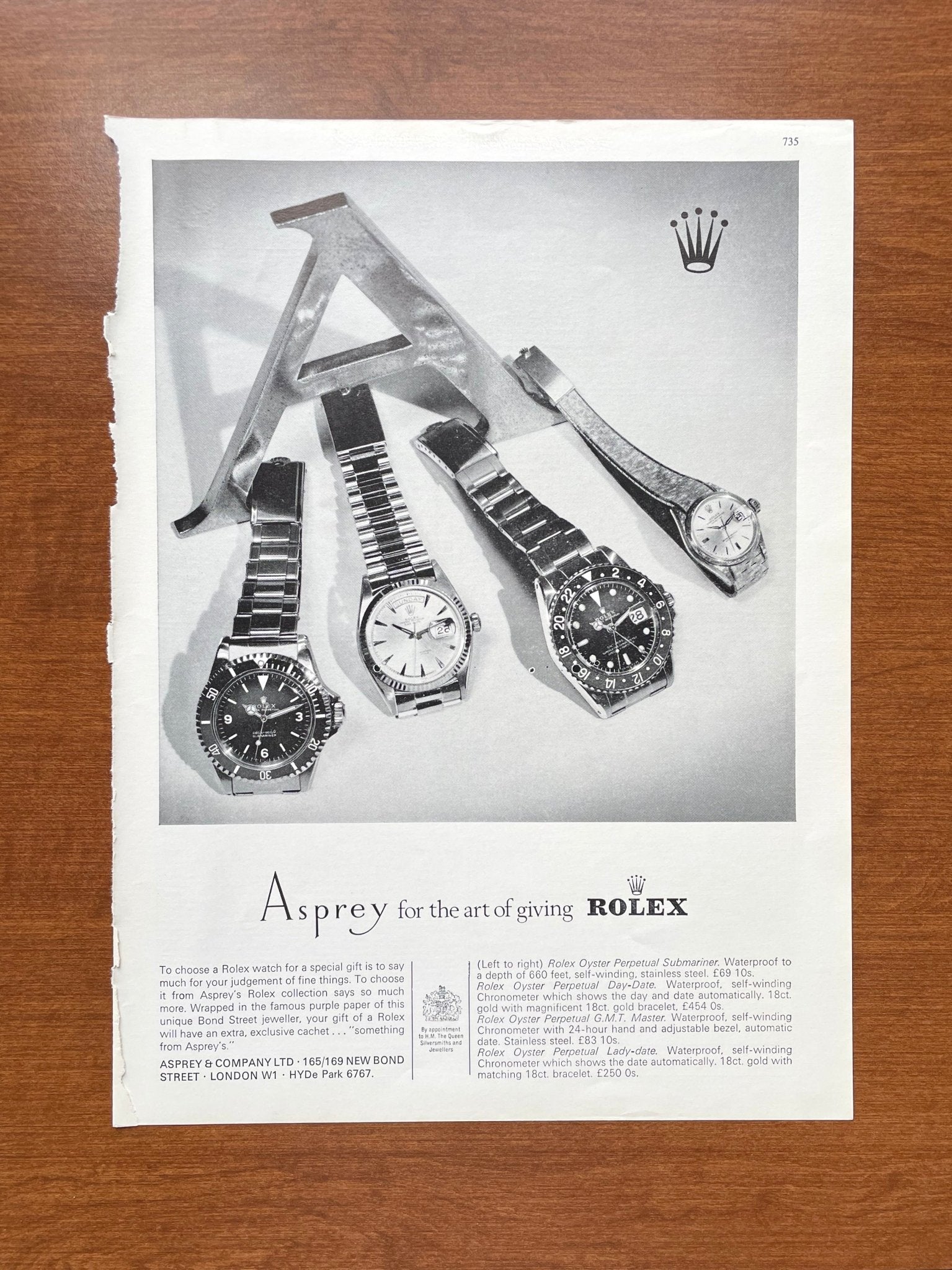 1966 Rolex GMT, Submariner, Day Date at Asprey "art of giving" Advertisement