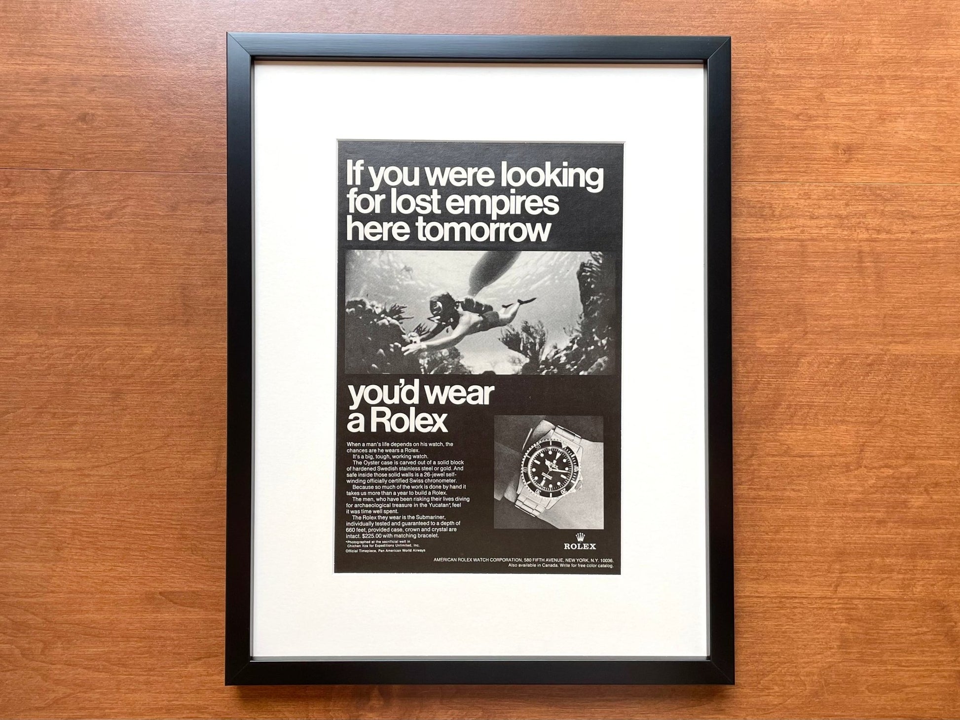 1968 Rolex Submariner "If you were looking for lost empires..." Advertisement in Black Wood Frame