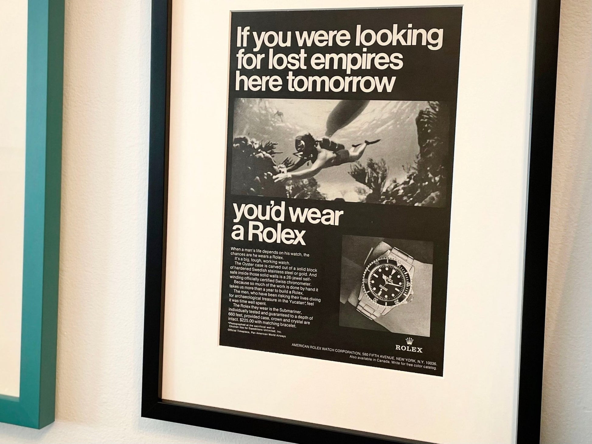 1968 Rolex Submariner "If you were looking for lost empires..." Advertisement in Black Wood Frame