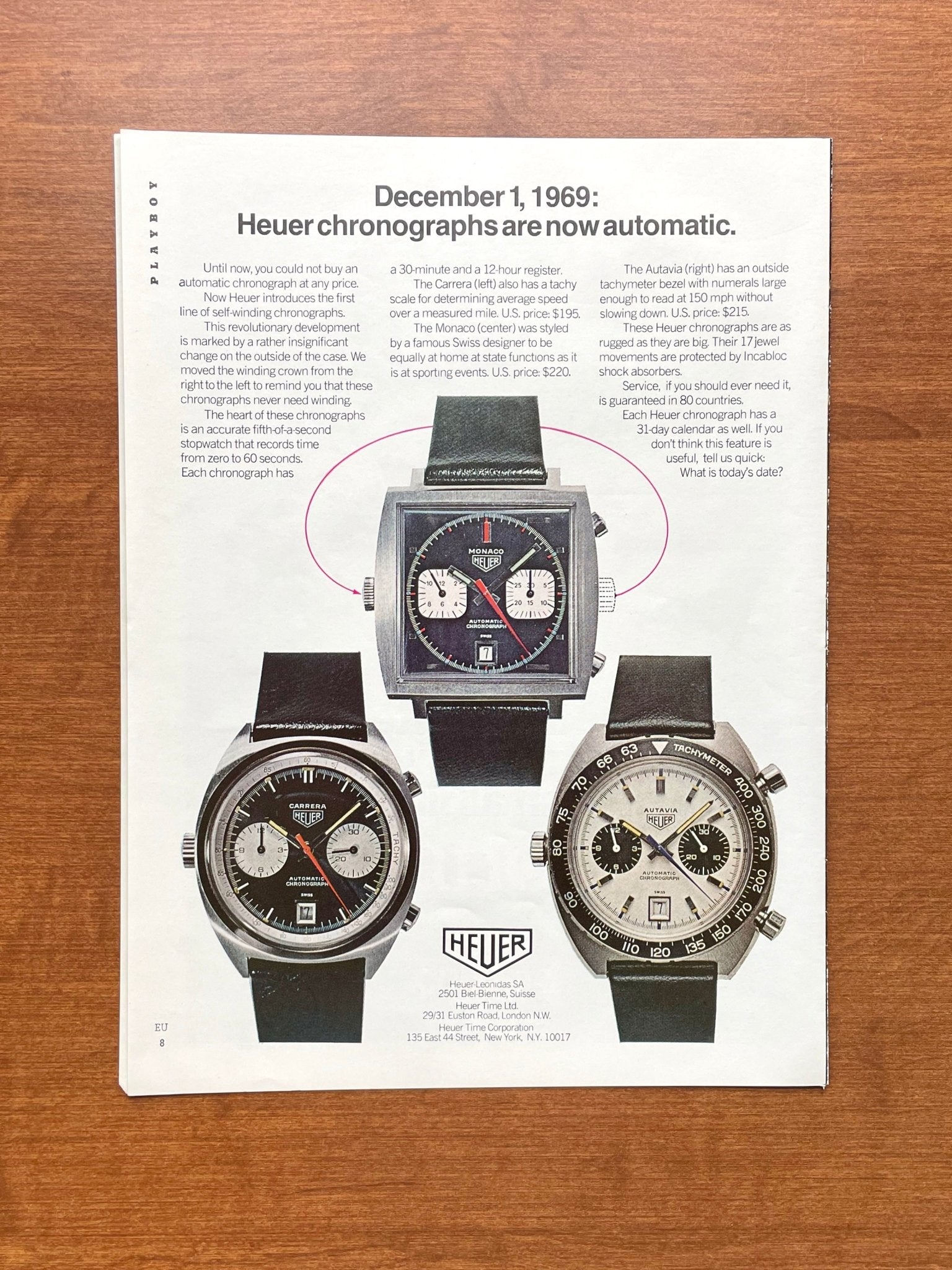 1969 Heuer Monaco, Carrera, and Autavia "Automatic" Advertisement