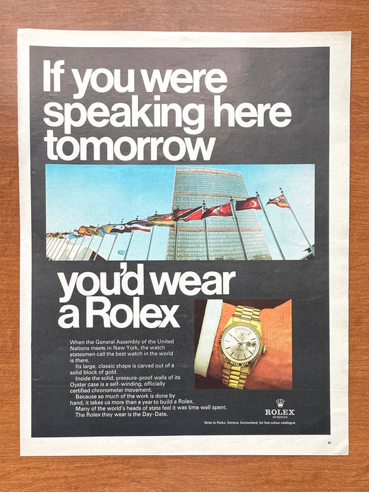 1969 Rolex Day Date Ref. 1803 "Speaking here tomorrow..." Advertisement
