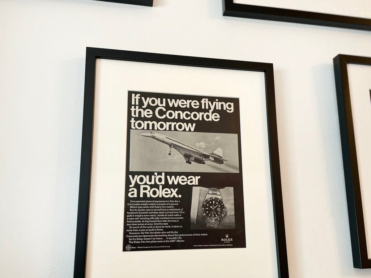 1969 Rolex GMT Master Ref. 1675 "If you were flying the Concorde..." Advertisement in Black Wood Frame