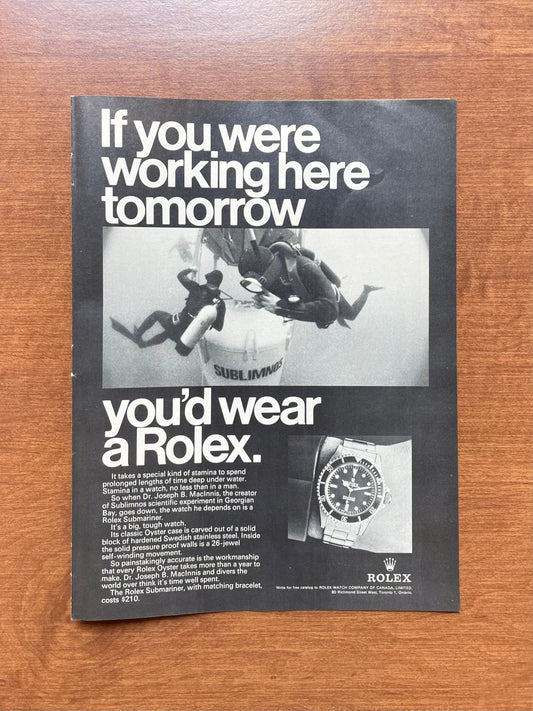 1969 Rolex Submariner "If you were working... Sublimnos" Advertisement