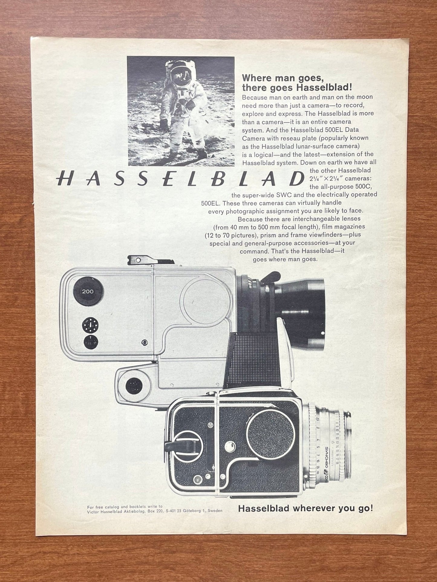 1970 Hasselblad Camera "Where man goes" Advertisement