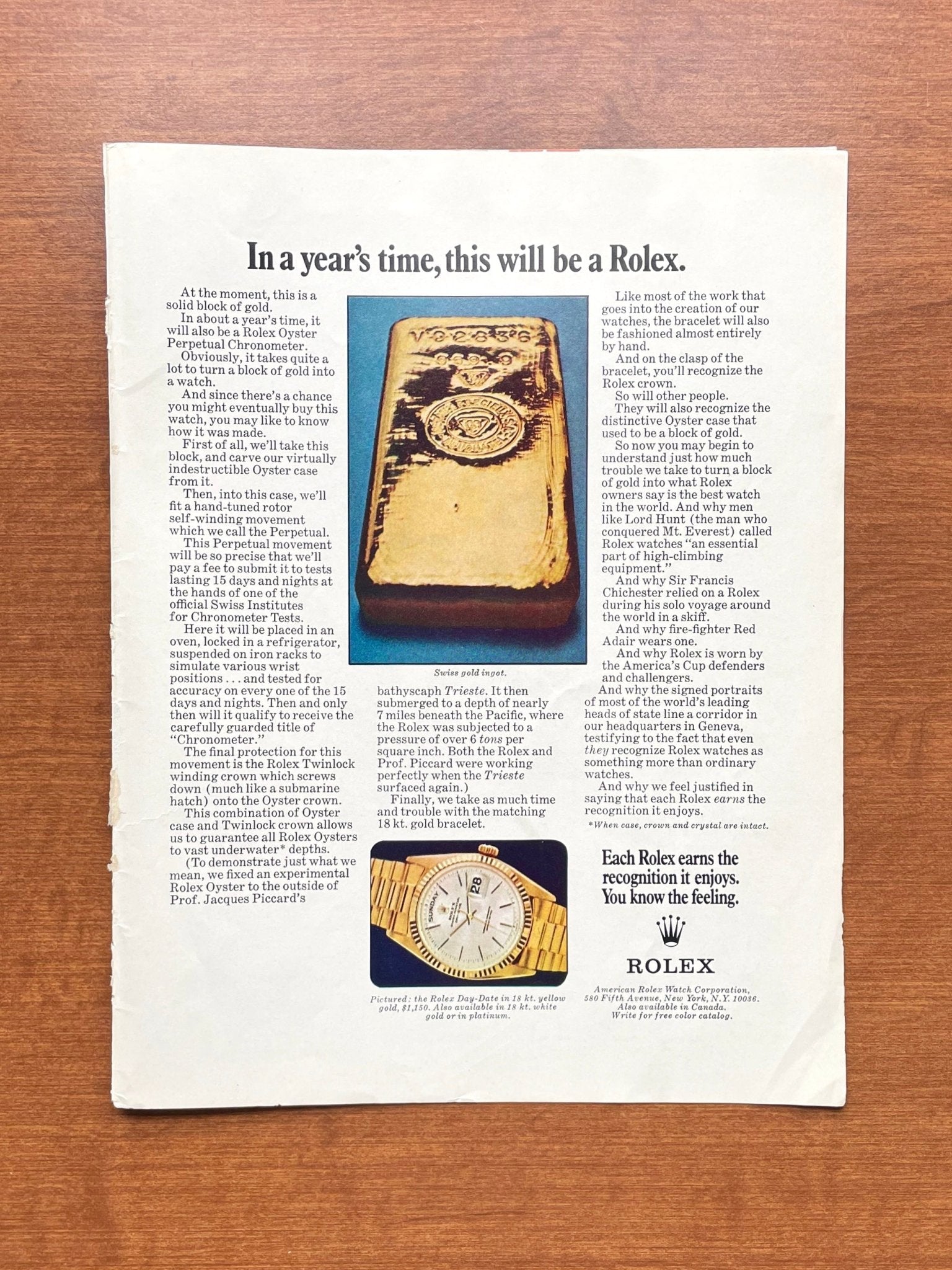 1970 Rolex Day Date Ref. 1803 "In a year's time, this will be a Rolex" Advertisement