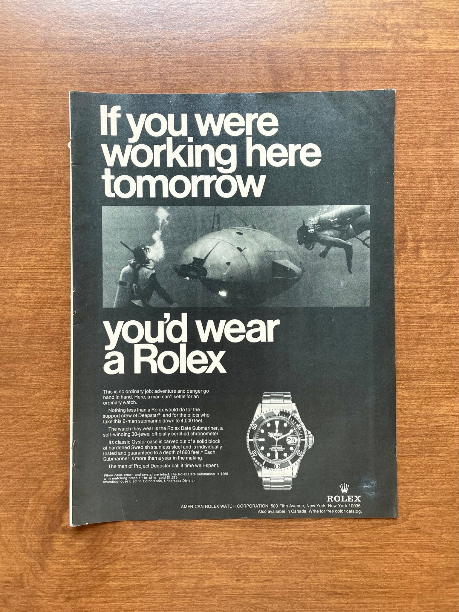 1970 Rolex Submariner "If you were working here..." Advertisement