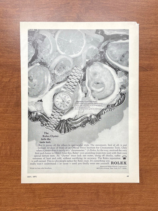 1971 Rolex Day Date Ref. 1803 "fails the taste test" Advertisement